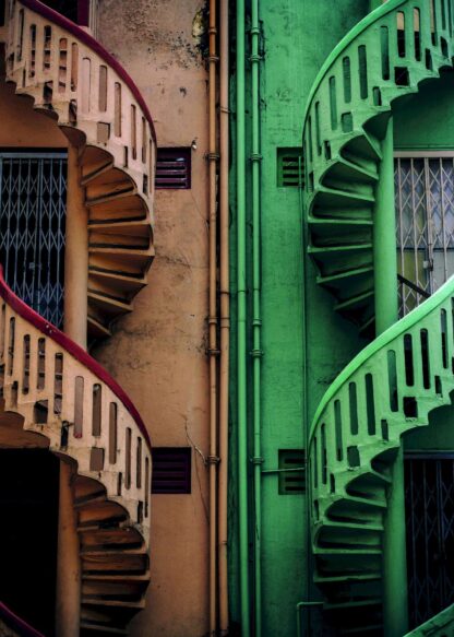 Orange and green house exit stairs poster