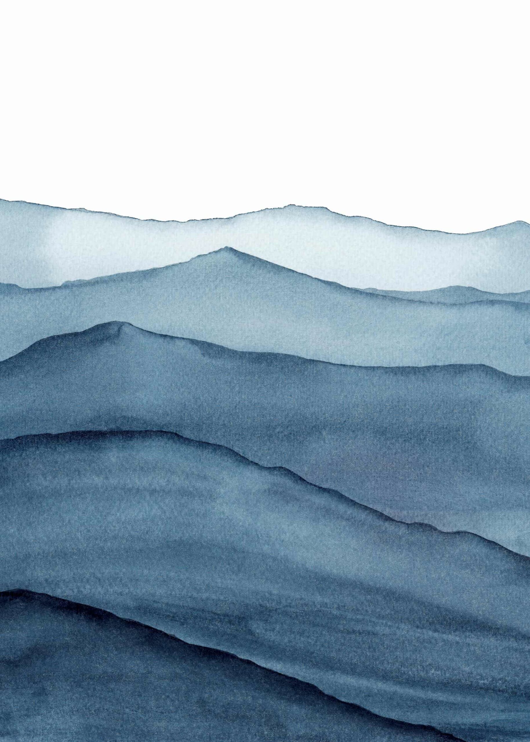 Abstract indigo blue watercolor waves mountains poster