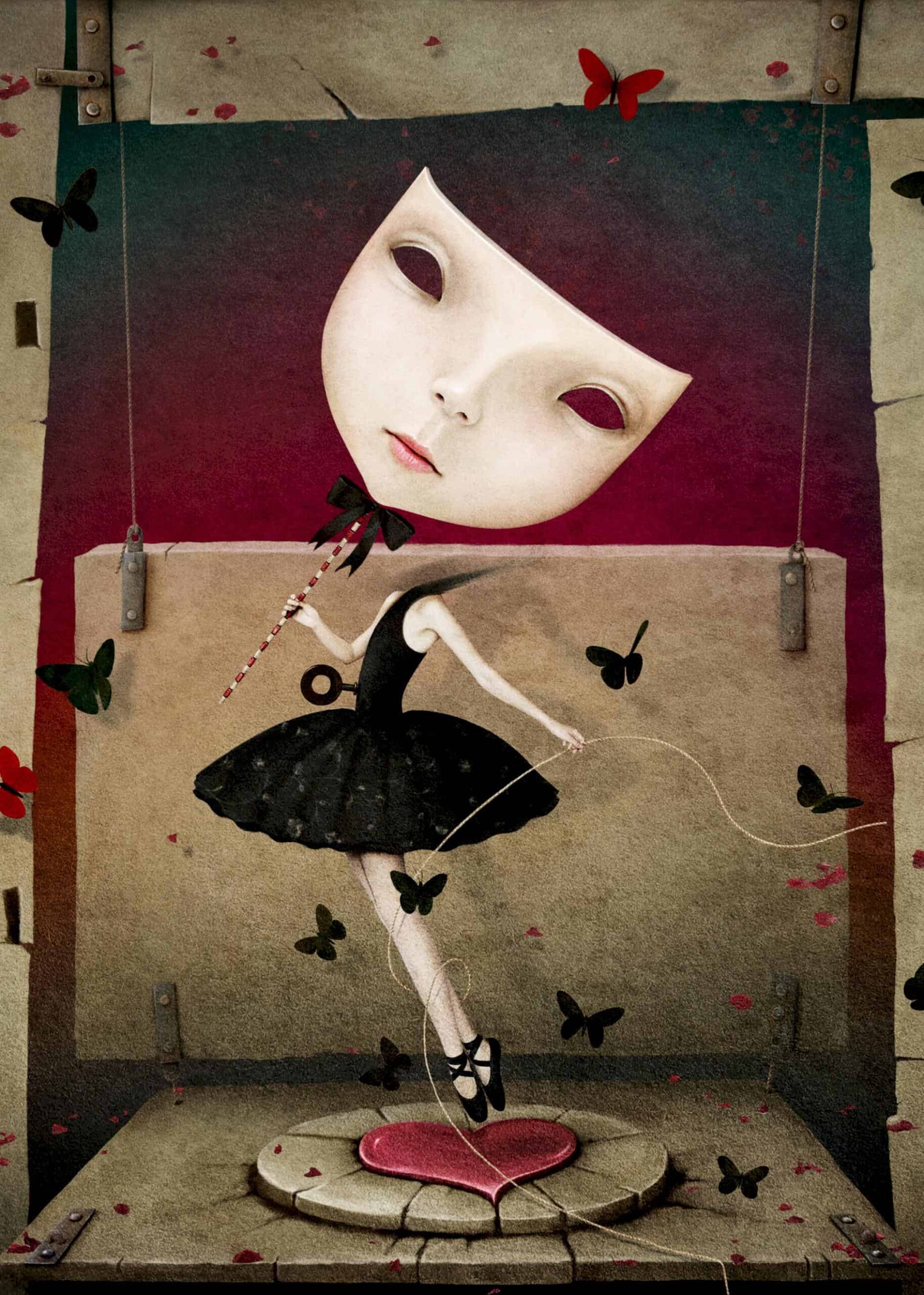 Creepy girl in black dress with mask graphical poster