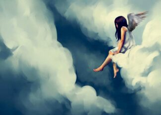 Angel sitting on cloud painting poster