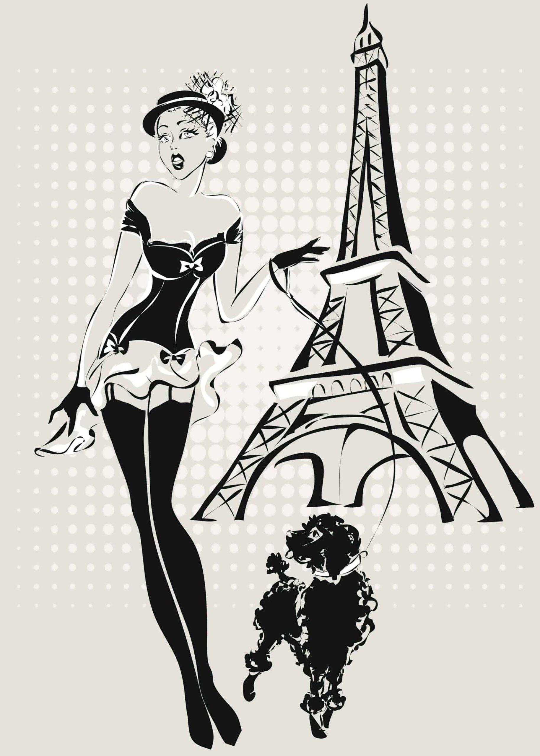 Pin-up girl with poodle in front of Eiffel vintage poster