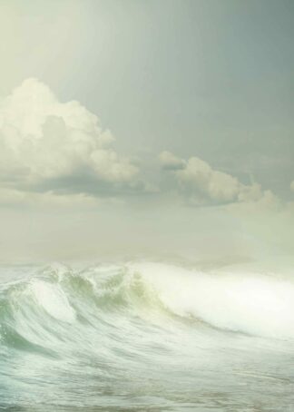 Beach with strong waves under white sky poster