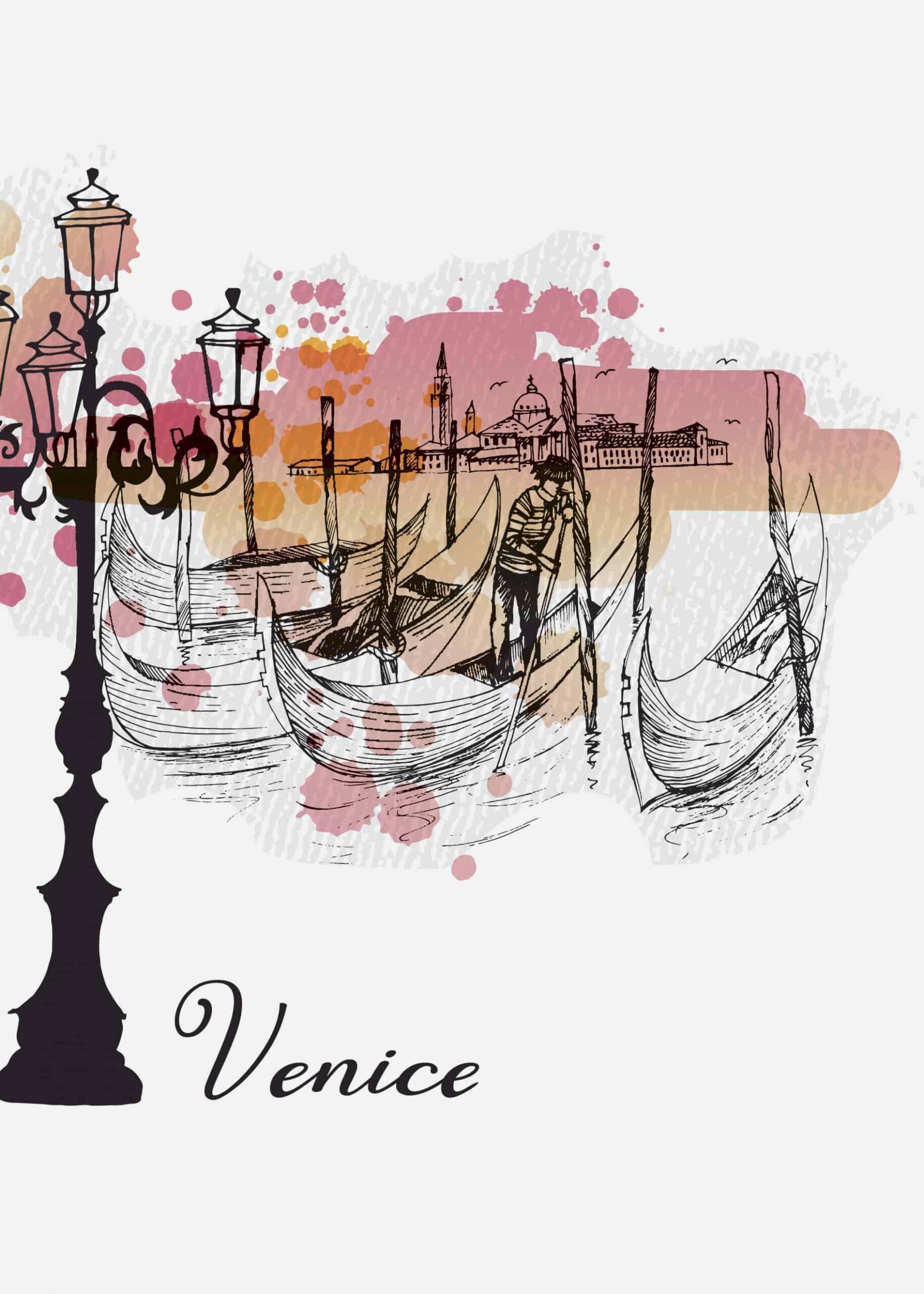 Venice with gondolas in black and white sketch and color embellishment poster