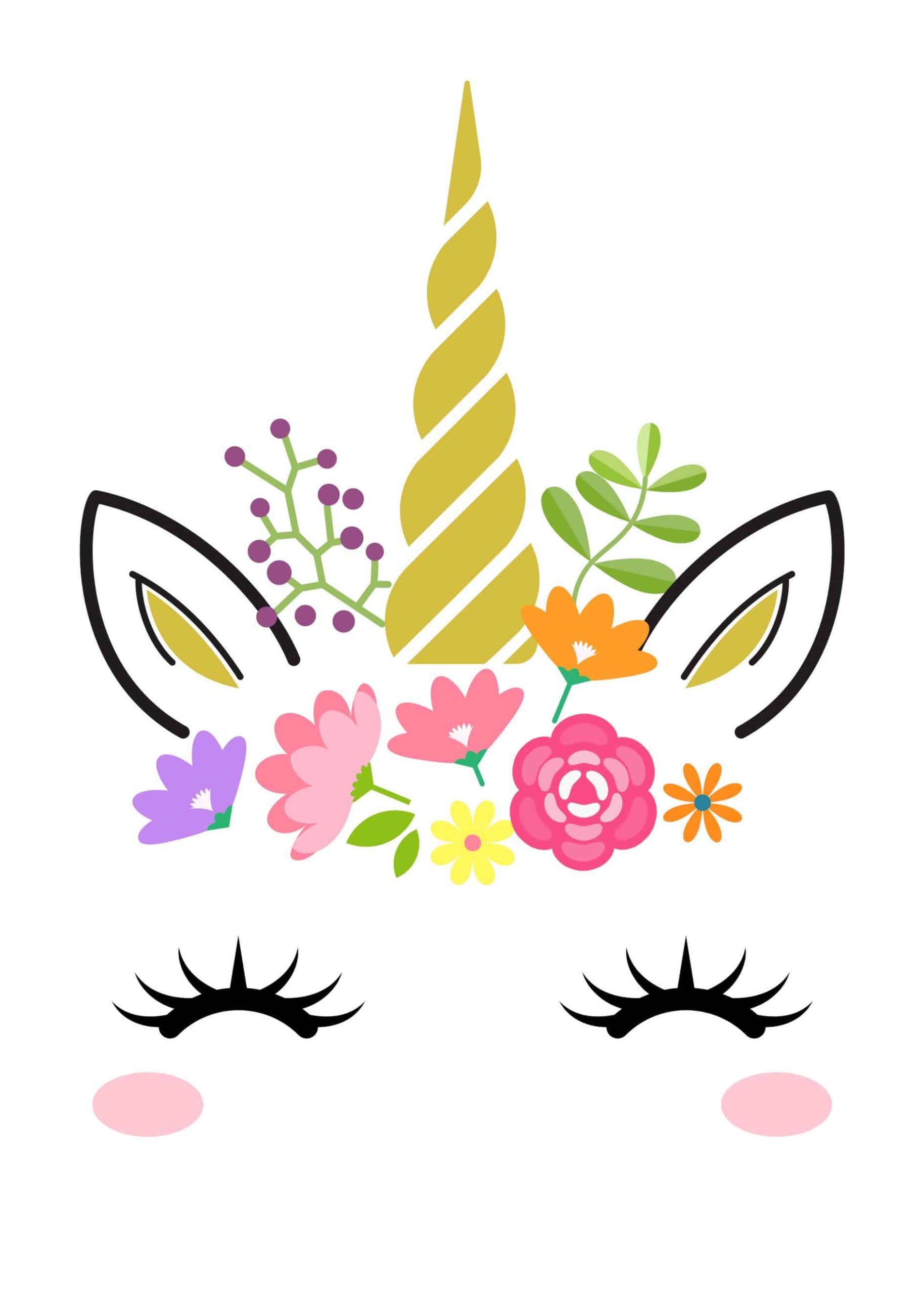 Cute unicorn face with a golden horn and flower poster