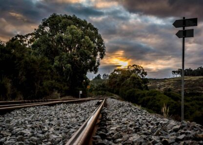 Sunset over a railway poster