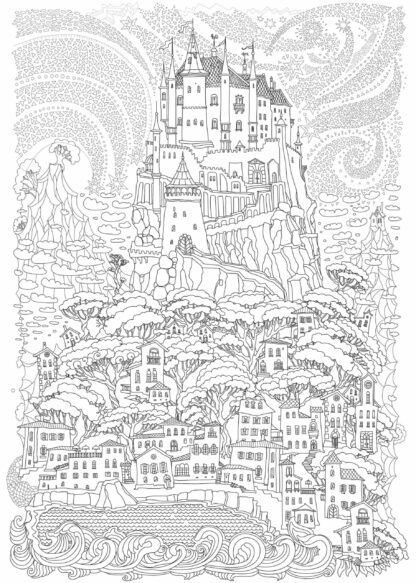 Fairy tale castle on a hill hand-drawing poster