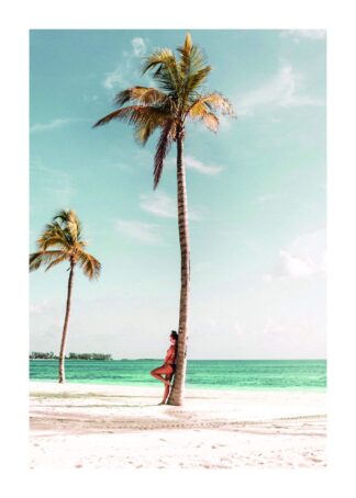 Girl standing on the tropical beach with high  coconut palm tree poster